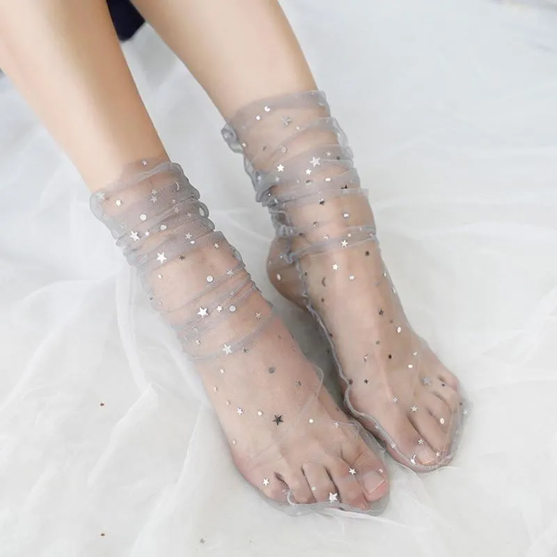 Women Fashion Star Moon Tulle Transparent Ultra-Thin Chiffon Socks