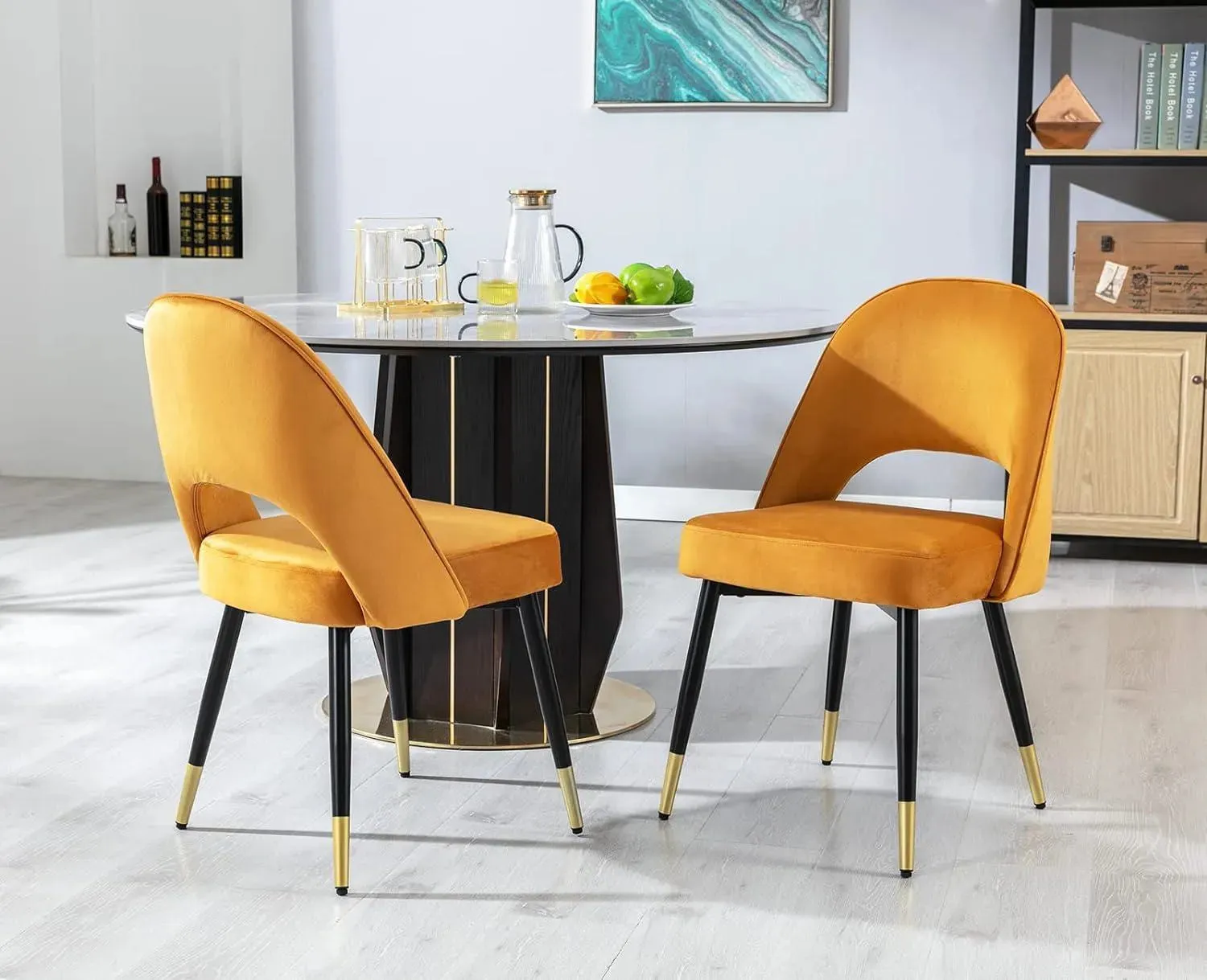 Wooden Twist Modern Stylish Loop Backrest Velvet Upholstery Cafe Dining Chairs with Metal Legs (Set of 2)