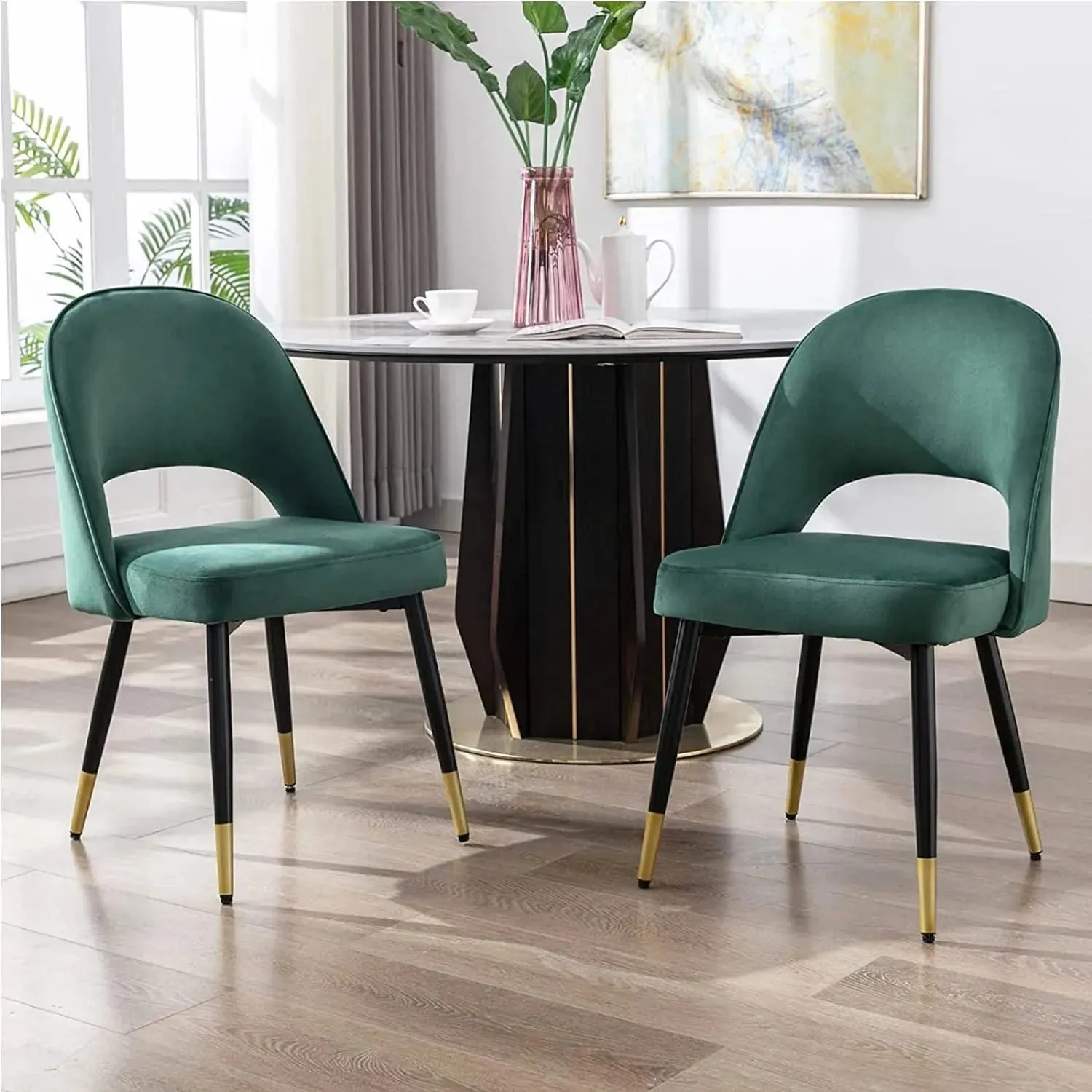 Wooden Twist Modern Stylish Loop Backrest Velvet Upholstery Cafe Dining Chairs with Metal Legs (Set of 2)