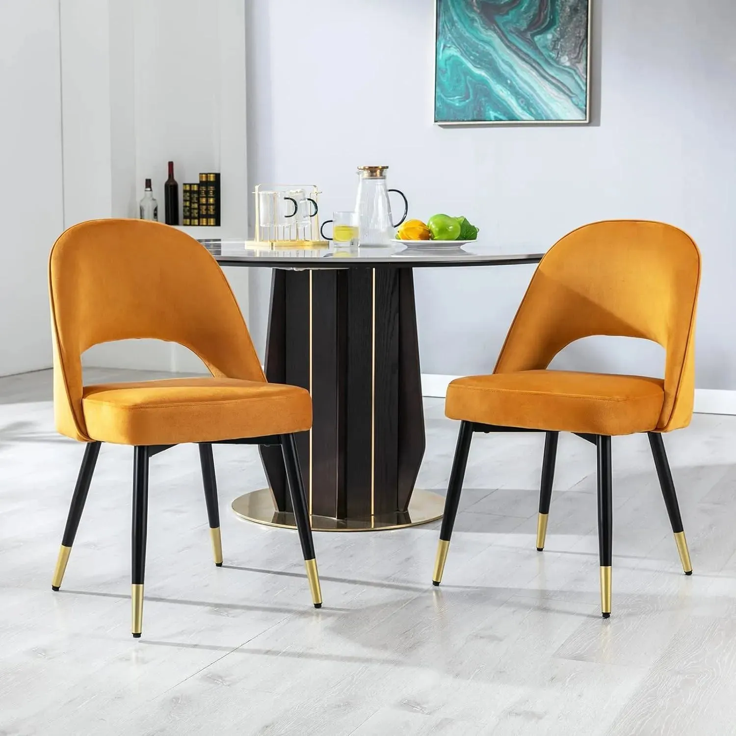 Wooden Twist Modern Stylish Loop Backrest Velvet Upholstery Cafe Dining Chairs with Metal Legs (Set of 2)